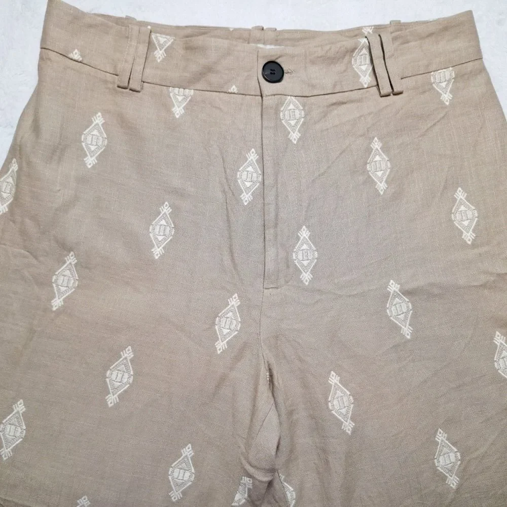 ZARA Linen Blend Embroidered Wide Leg Crop Pants Sz XL Beige Blogger Favorite